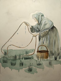 A witch gathering the dew with a rope, chanting "all to me", as a way to take from others.