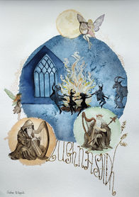 Lughnasadh painting with Lugh and the Dagda playing music, creatures dancing around a fire