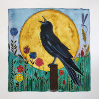 A Raven is calling under the sun, in a field of wildflowers. Watercolor and gold leaf. 