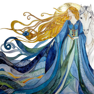 Niam in a flowing blue and green dress, wave patterns, celtic shapes, a white horse behind her.