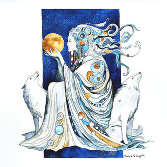 The Cailleach with two wolves, holding the moon
