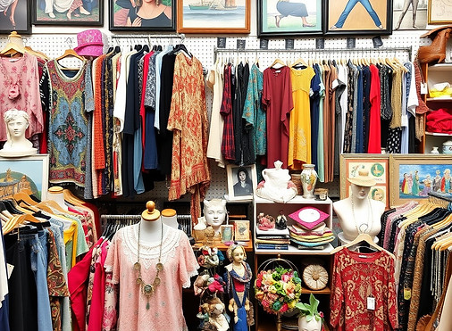 a vibrant thrift store 50% off everything sale, include more pics with lots of clothing, h