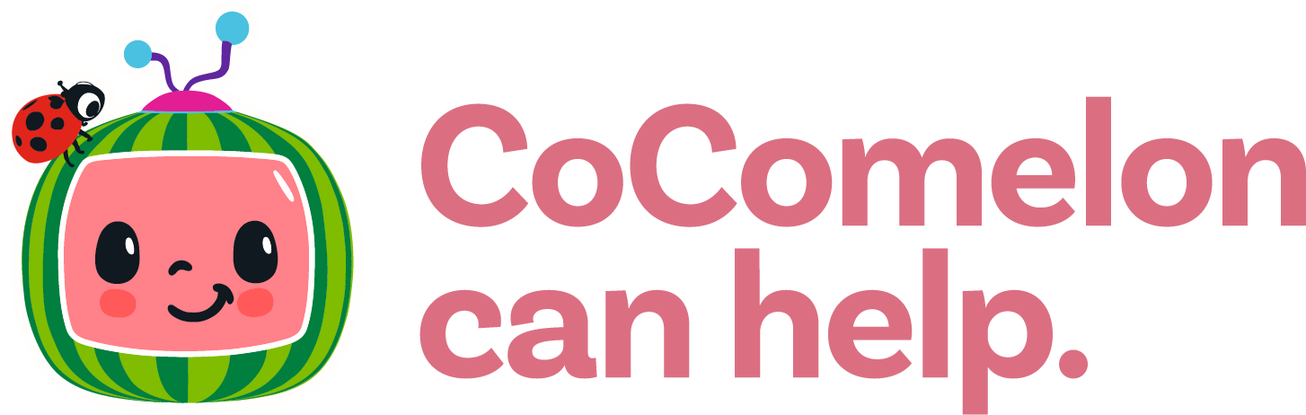 CoComelon can help logo featuring the text "CoComelon can help," promoting early learning and fun through music and educational content.