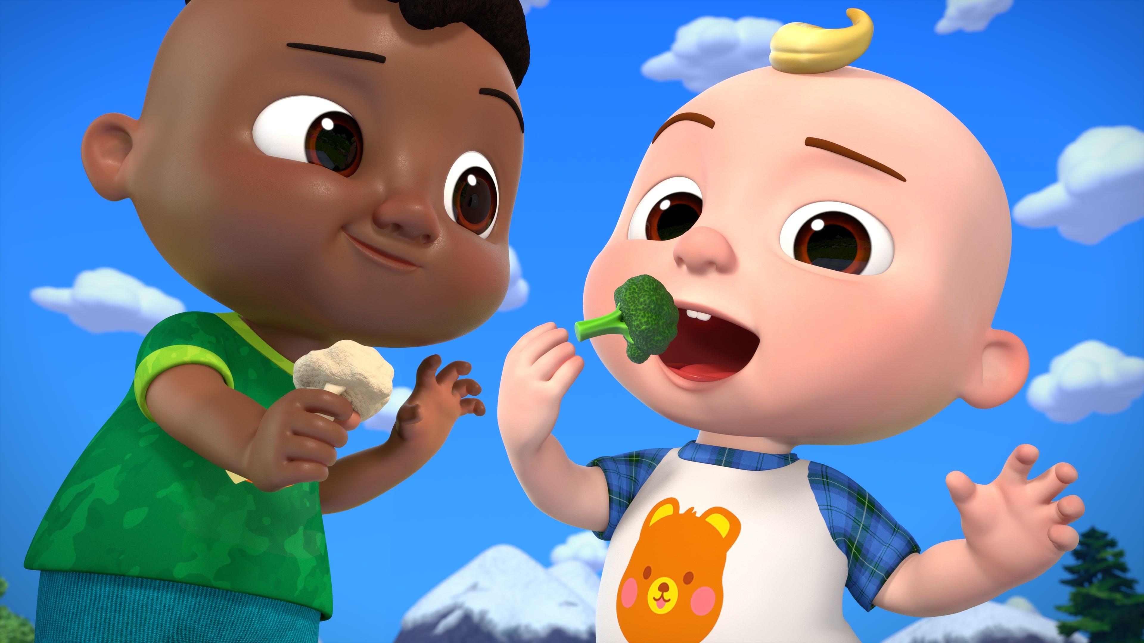 Two CoComelon characters happily holding broccoli and cauliflower, learning about healthy eating and veggies in the “Tiny Trees” episode.