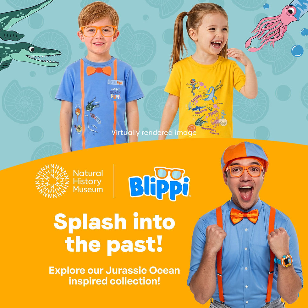 Virtually rendered image of smiling children wearing Natural History Museum x Blippi Jurassic Ocean T-shirts in front of a fossil-inspired underwater scene with prehistoric ocean creatures and marine life illustrations.