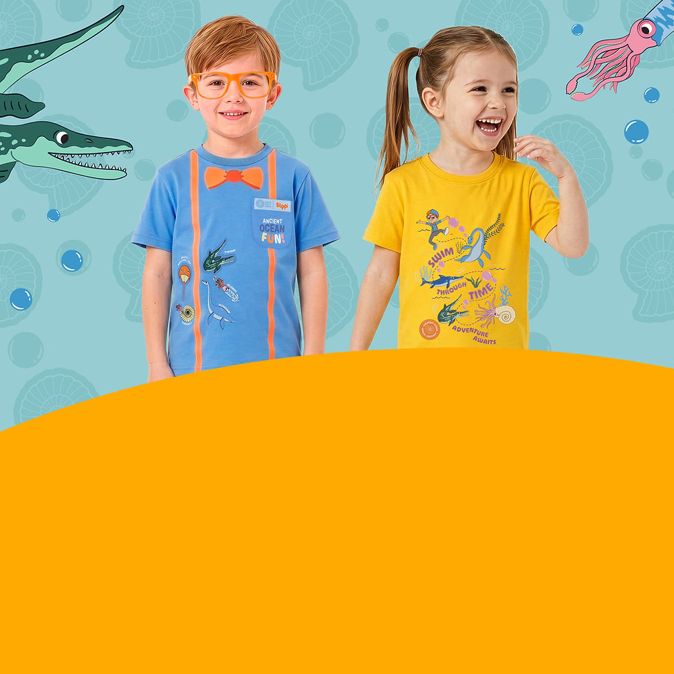 Virtually rendered image of smiling children wearing Natural History Museum x Blippi Jurassic Ocean T-shirts in front of a fossil-inspired underwater scene with prehistoric ocean creatures and marine life illustrations. Blippi cheering excitedly