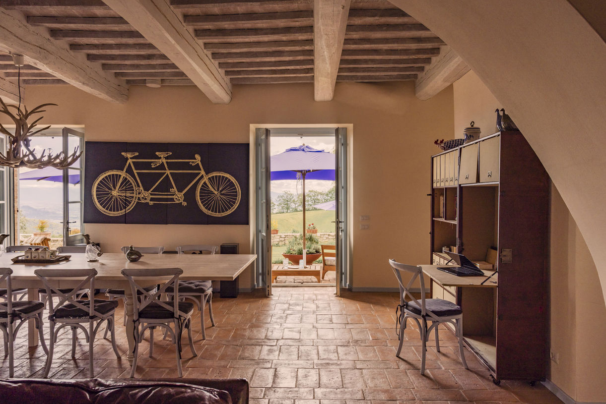 Dining room with chandelier and garden views