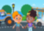 Blippi and Meekah standing in front of a Blippi monster truck in a city road scene