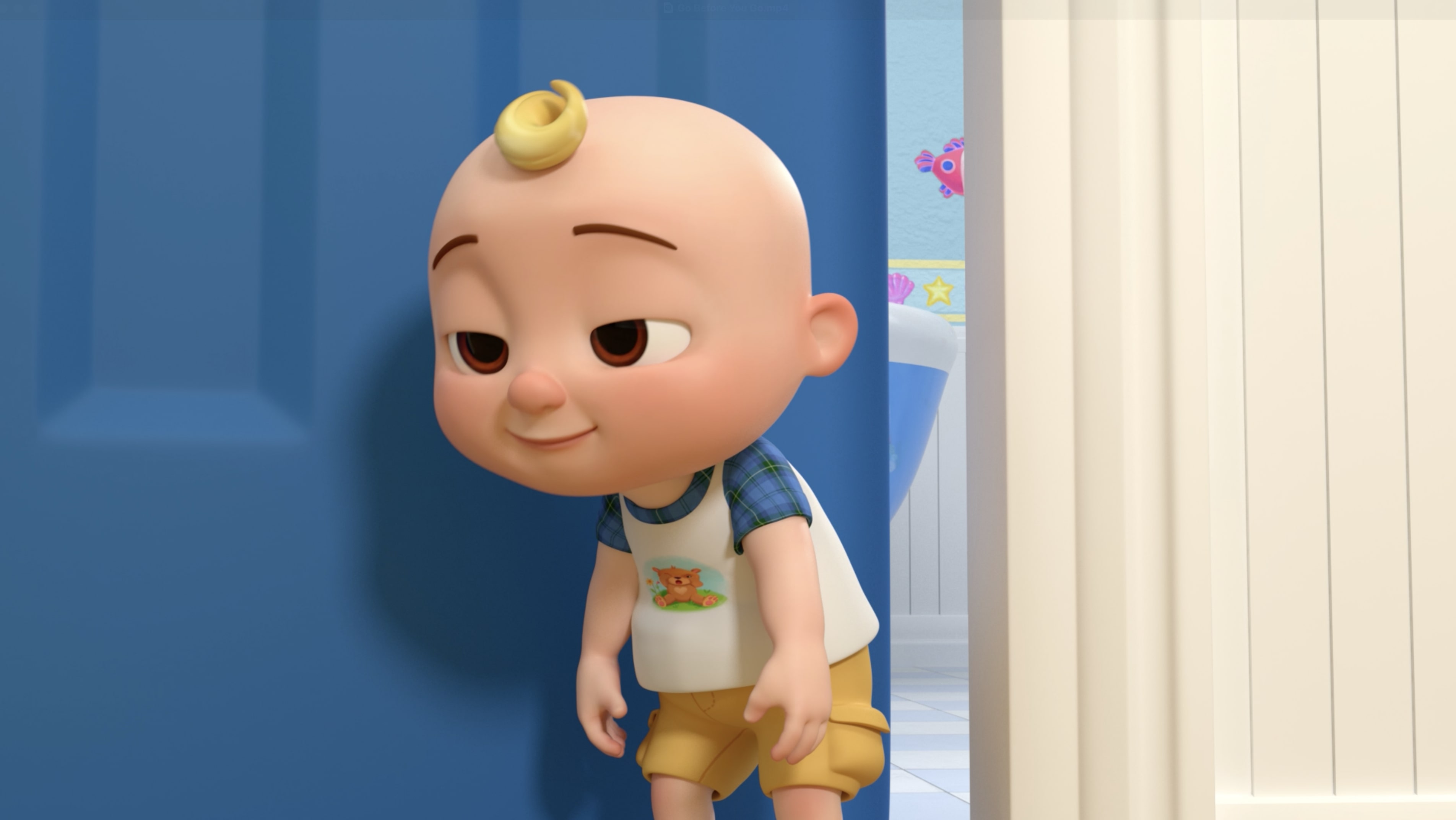 A baby boy JJ with a mischievous smile, a part of CoComelon's 'Go Before You Go' song episode, teaching toddlers the importance of using the potty.