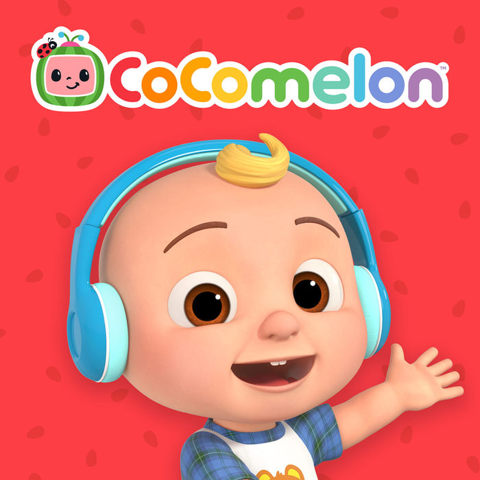 JJ from CoComelon in headphones smiles with the CoComelon logo on a red background. Moonbug.
