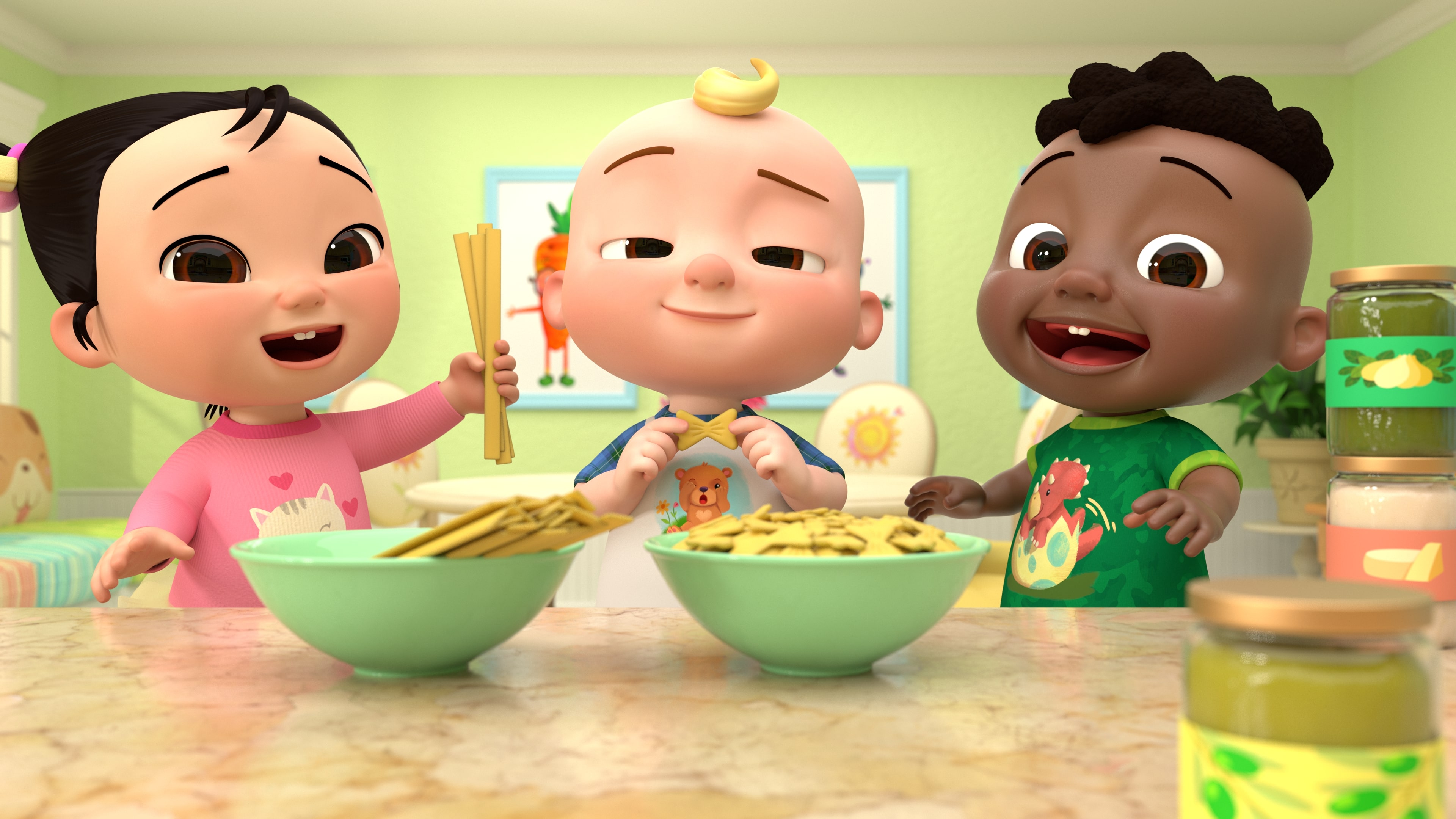 JJ and his friends enjoying noodles together at a table, from CoComelon’s fun and educational “Pasta Song” episode.