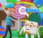 Blippi pointing at marshmallow in Blippi glasses with Find the Blippis logo
