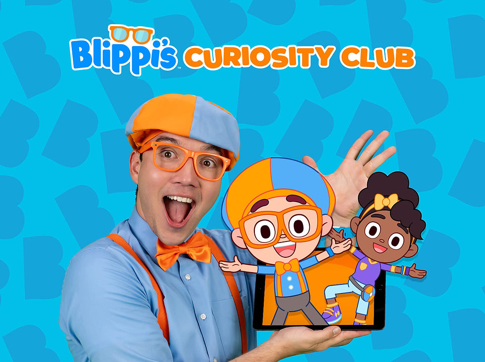 Blippi holding a tablet featuring Blippi and Meekah, introducing Blippi’s Curiosity Club