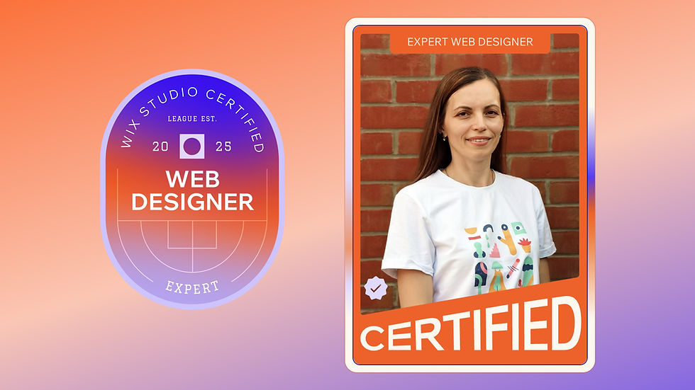 Olga Kovalchuk is a Wix Studio Certified Web Designer Expert. Portrait of OK.Kreatyv founder and certification badge on a gradient background