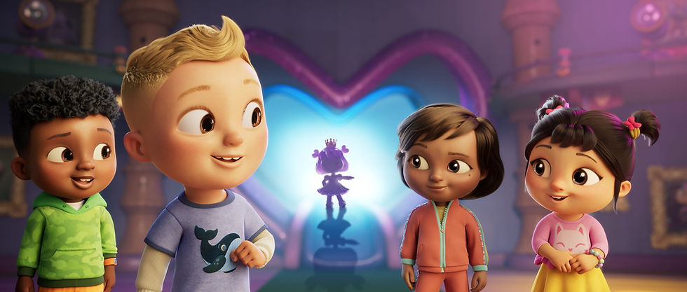JJ, Cody, Nina and Cece with Princess Harmony in a movie scene.