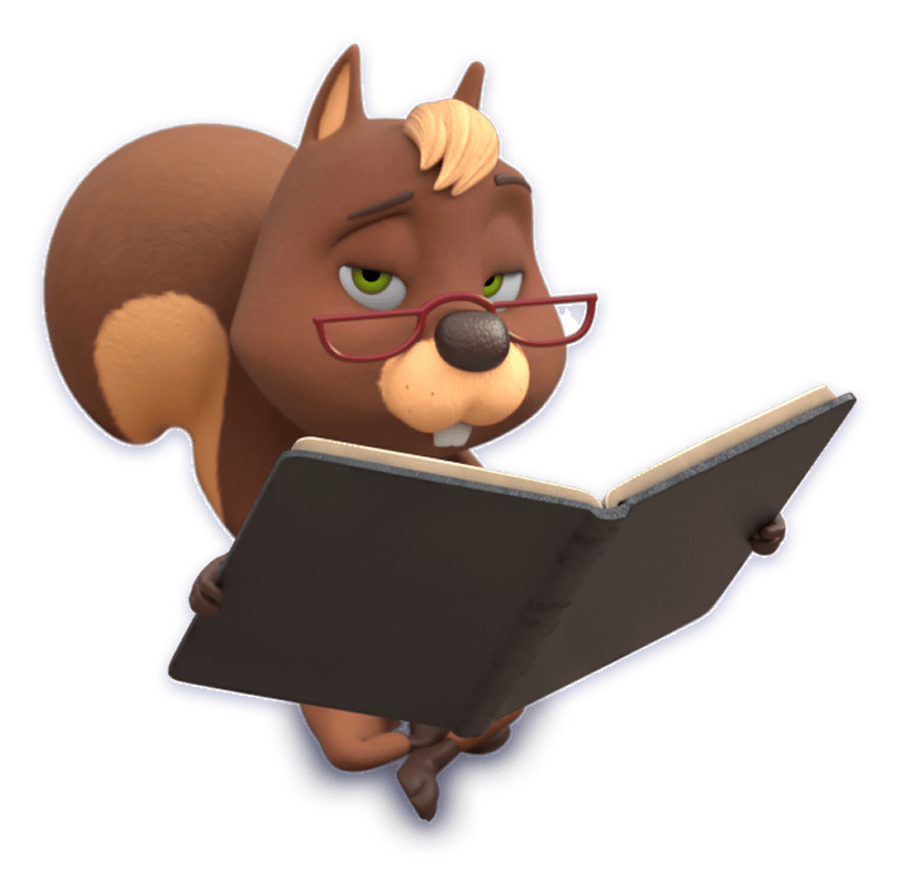 Animated brown squirrel wearing glasses and reading a book with a thoughtful expression.