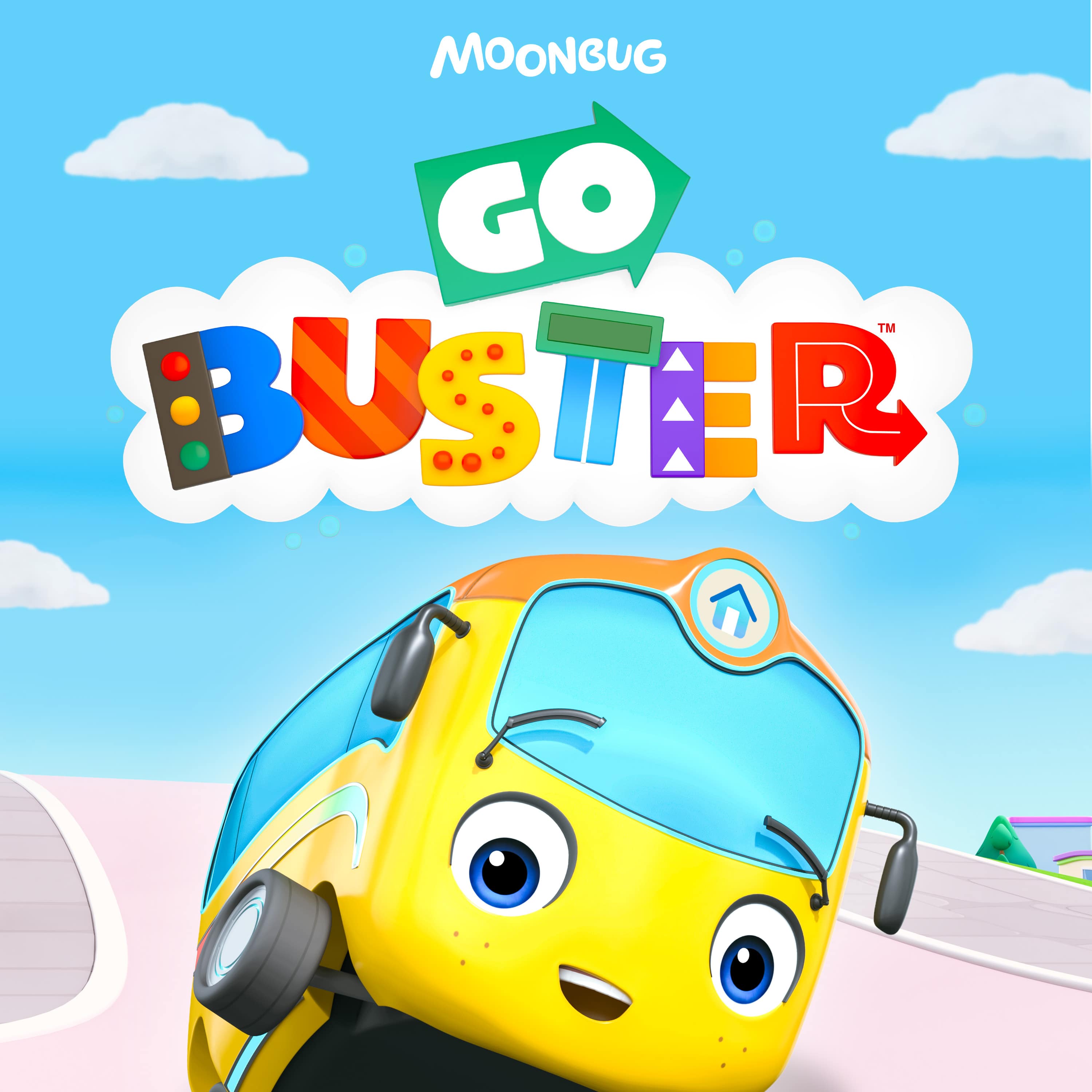 Buster the cartoon yellow bus with the Go Buster show logo against a blue sky, Moonbug.
