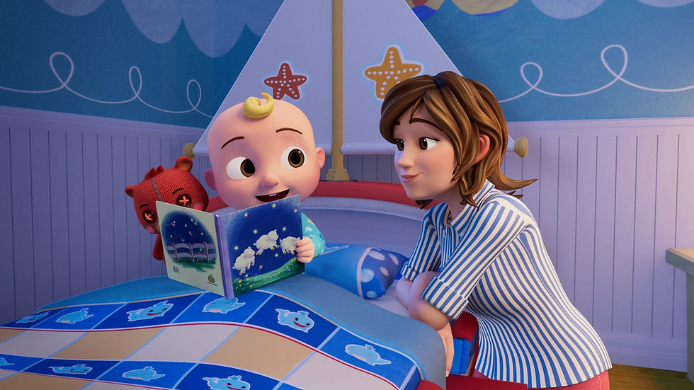 CoComelon baby JJ and mom reading a bedtime story