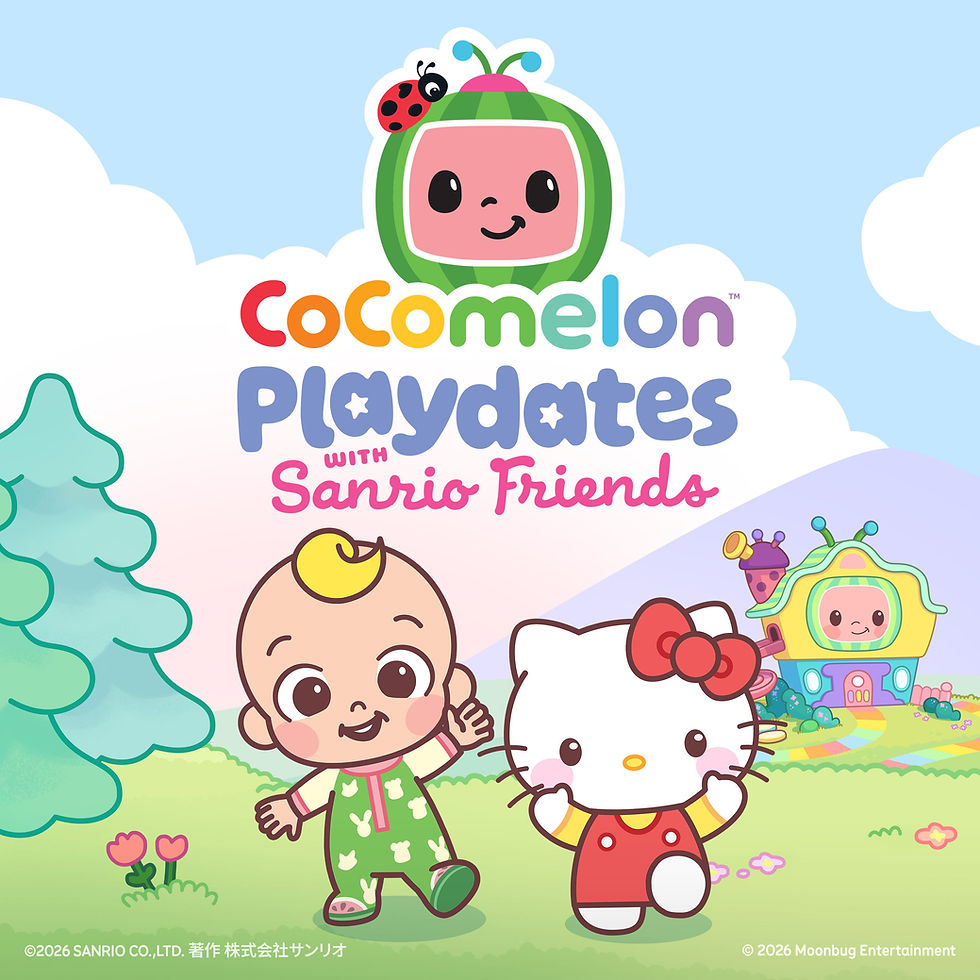 CCM Playdates Sanrio Album Cover - CoComelon Playdates with Sanrio friends logo with JJ, Hello Kitty