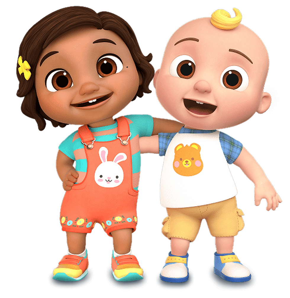 JJ and Nina, the CoComelon characters smiling and embracing each other