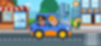 Blippi and Meekah in the new vehicle sandbox adventure, driving a blue car through a city street