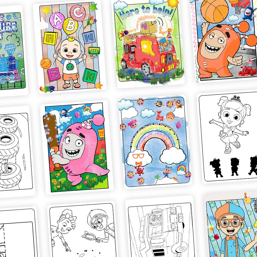 Various CoComelon characters and coloring pages with rainbow and ABC text