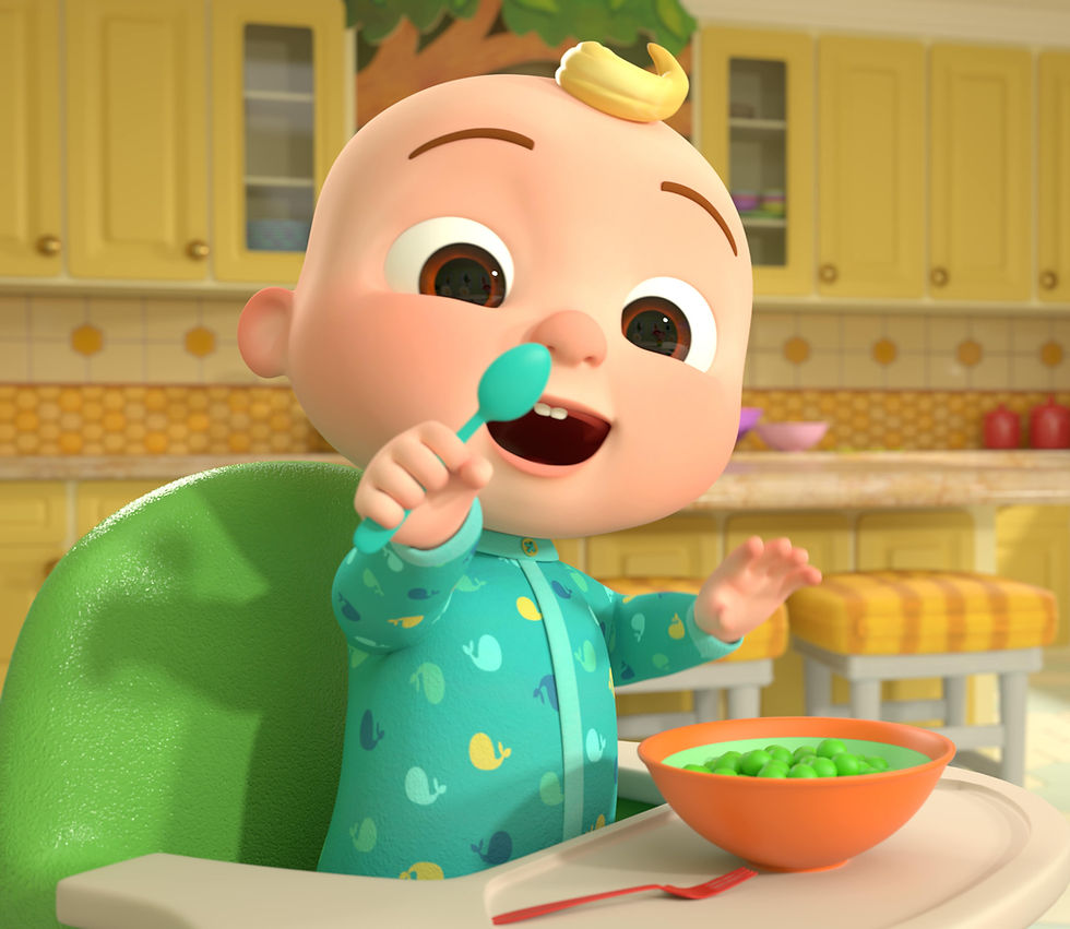 JJ from CoComelon eating peas in his high chair
