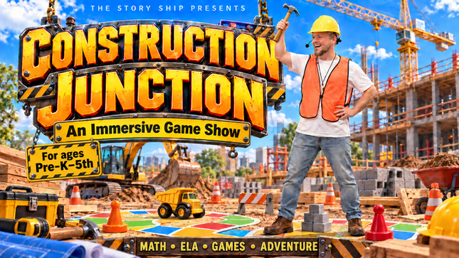 The Story Ship's "Construction Junction!" School Assembly Show. School Assembly Performance, Science, STEAM, Math, ELA, Reading, Georgia, South Carolina, North Carolina, Virgina, Maryland, New York, New Jersey, Pennsylvania, California