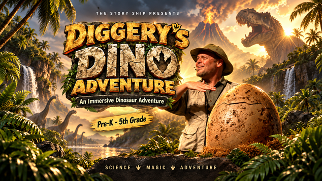 The Story Ship's "Diggery's Dinosaur Adventure!" School Assembly Show. School Assembly Performance, Science, STEAM, Math, ELA, Reading, Georgia, South Carolina, North Carolina, Virgina, Maryland, New York, New Jersey, Pennsylvania, California