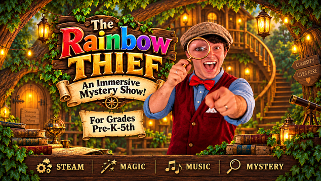 The Story Ship's "The Rainbow Thief!" School Assembly Show. School Assembly Performance, Science, STEAM, Math, ELA, Reading, Georgia, South Carolina, North Carolina, Virgina, Maryland, New York, New Jersey, Pennsylvania, California