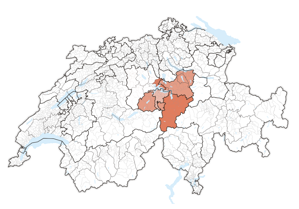 Plassering av urkantonene i hjertet av Sveits 