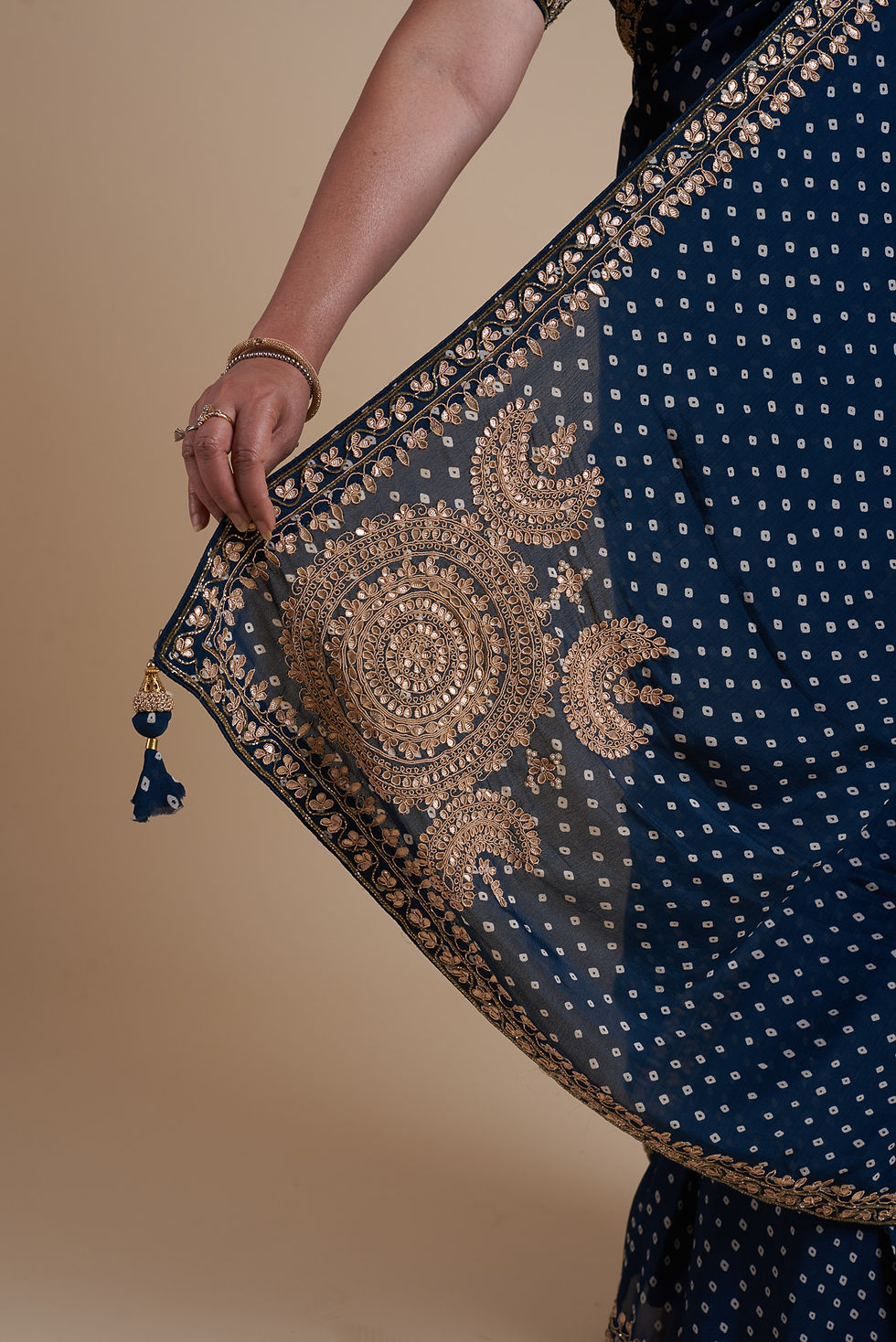 Thumbnail: Dark Blue Bandhni Saree with Gota Patti Embroidery