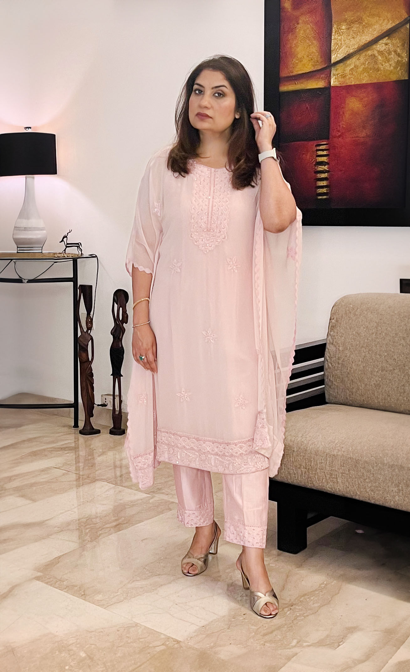 Light Pink Chikankari Kaftan with Pants