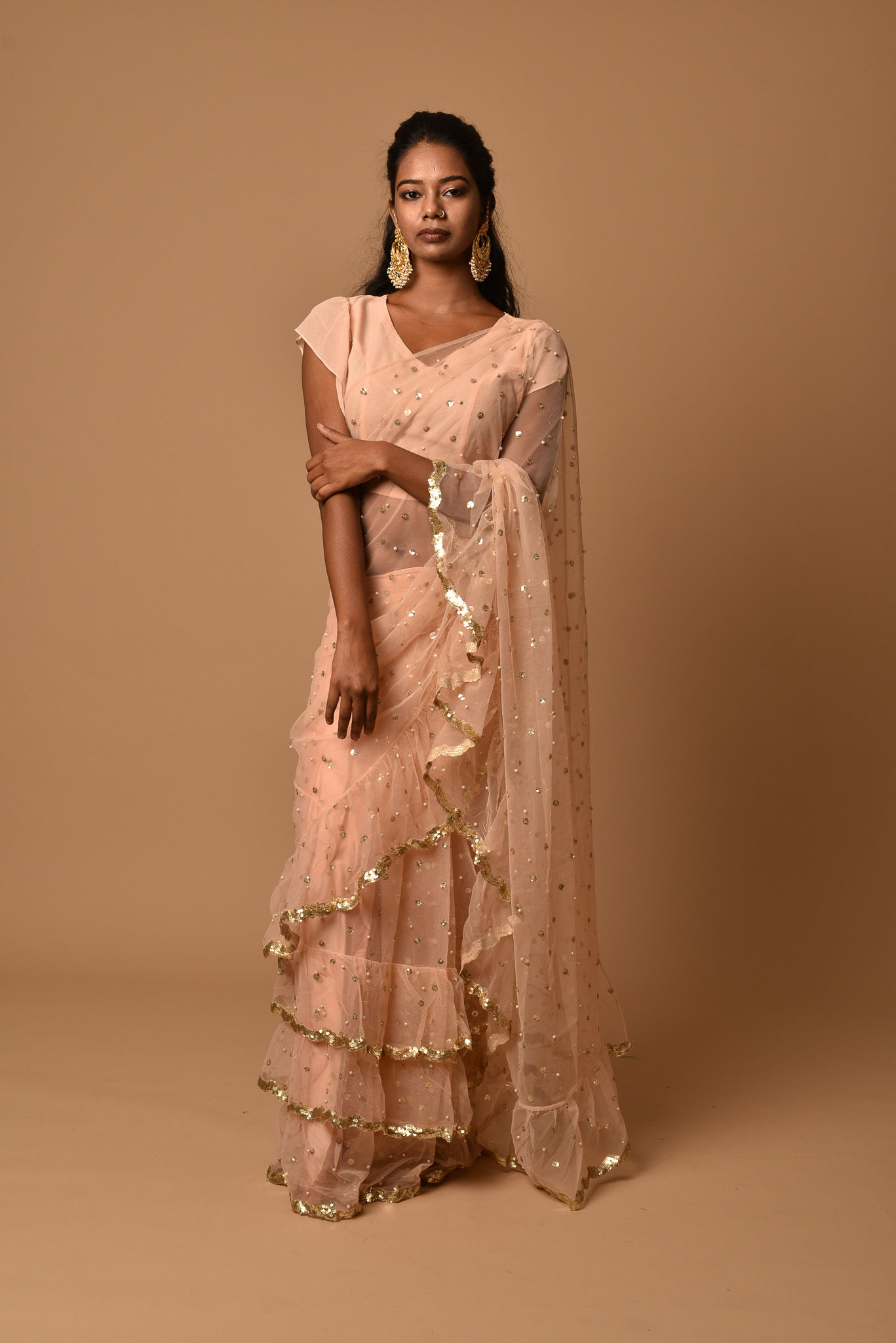 Peach Net Frill Saree