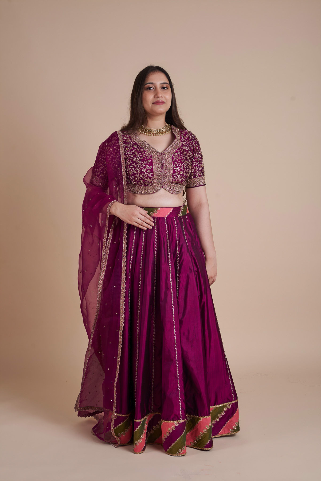 Purple Silk Lehenga with Chatapati Border and Hand Embroidered Blouse
