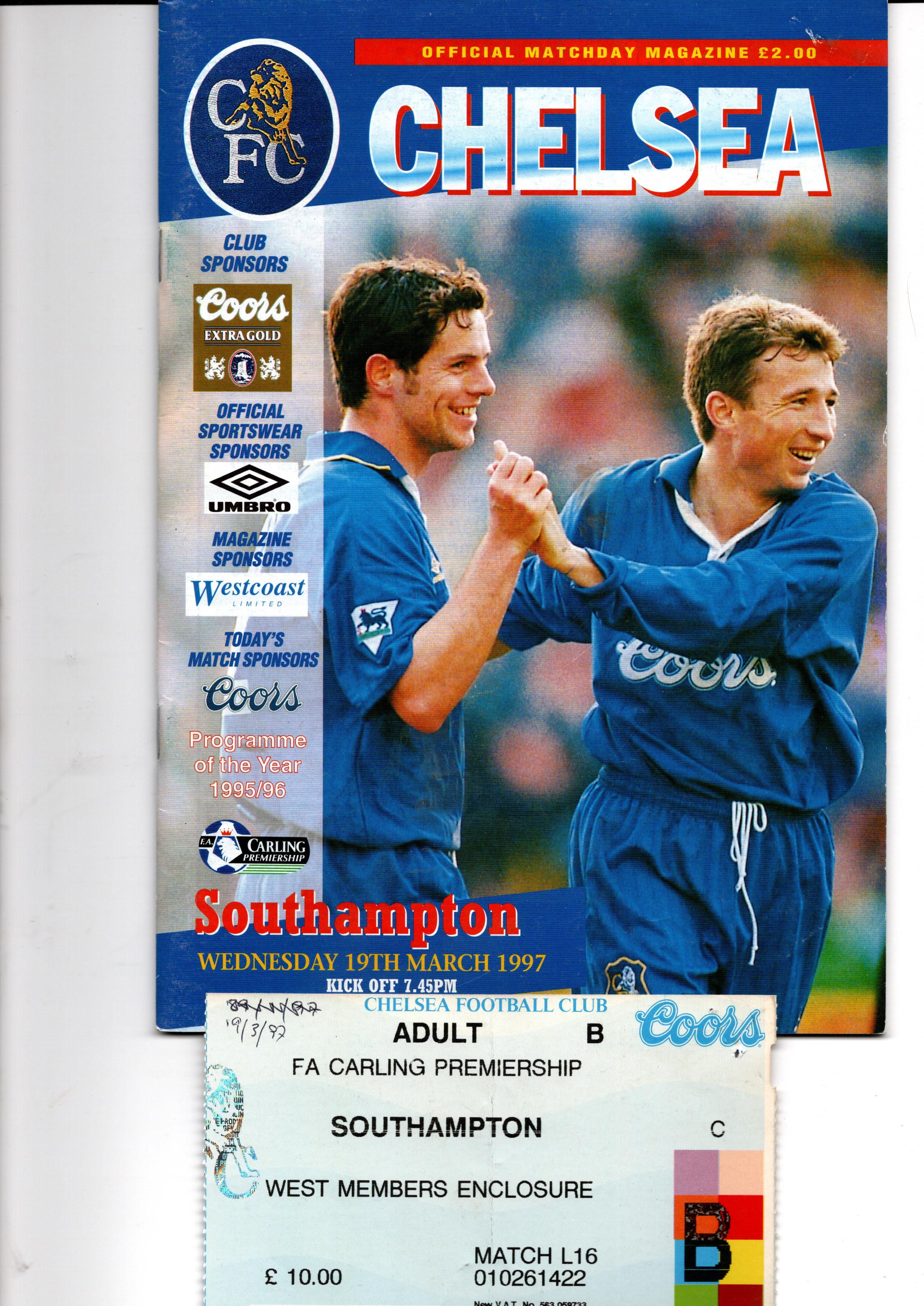 CHELSEA v SOUTHAMPTON 1996/97 Premier League MATCHDAY PROGRAMME + TICKET