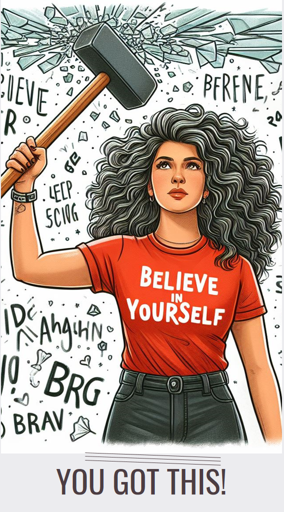 A Woman with a hammer in her hand breaking the glass ceiling and an inscription of Believe in yourself on her T-Shirt - A Guide to Self Advocacy