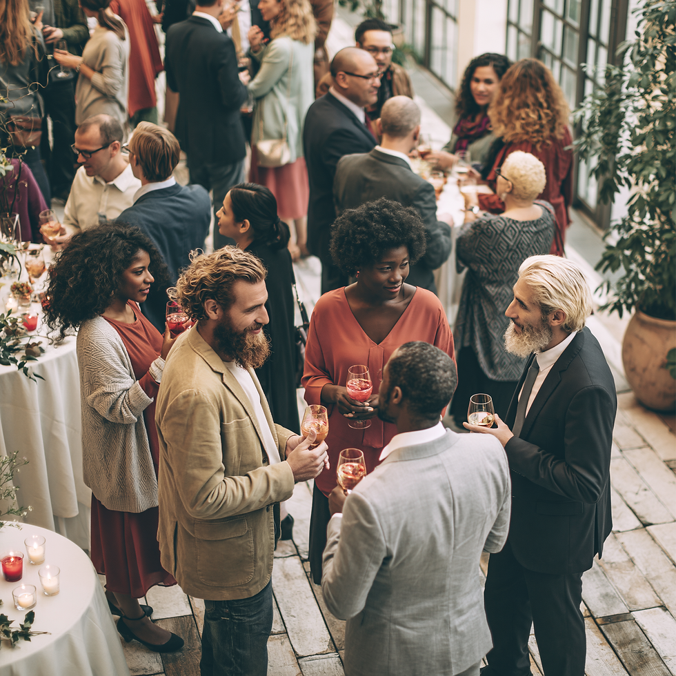 Guests mingle at a networking event with drinks at a stylish indoor reception, chatting in groups beside candlelit tables and tall windows.
