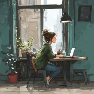 A lone woman sitting near her desk by the window.