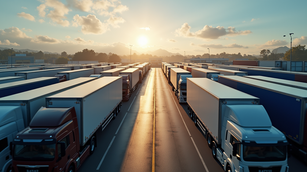 High angle view of a fleet of trucks parked in a logistics yard