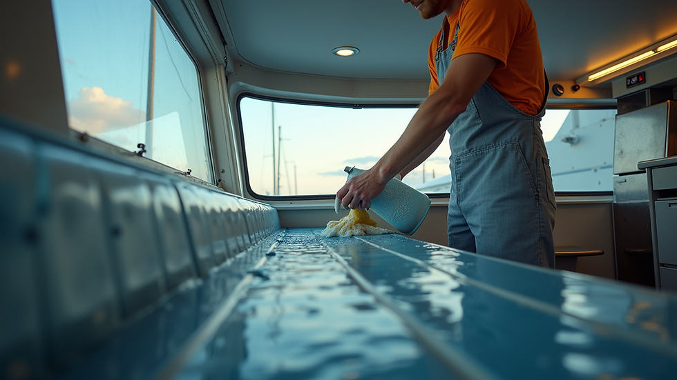 Eye-level view of a boat interior being cleaned and detailed