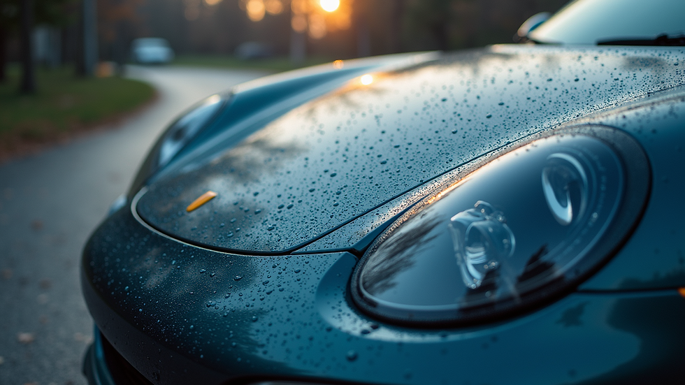 Close-up view of a shiny car hood with water beading