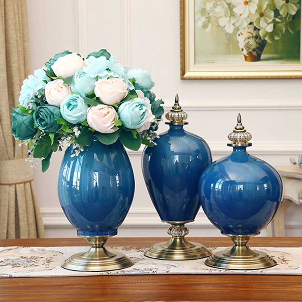 Thumbnail: 3X Ceramic Oval Flower Vase with White Flower Set Green