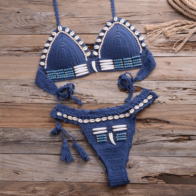 Thumbnail: Sexy Bikini Crochet shell Set Halter Lace Up Bra Top Thong Swimsuit Beach Lady K