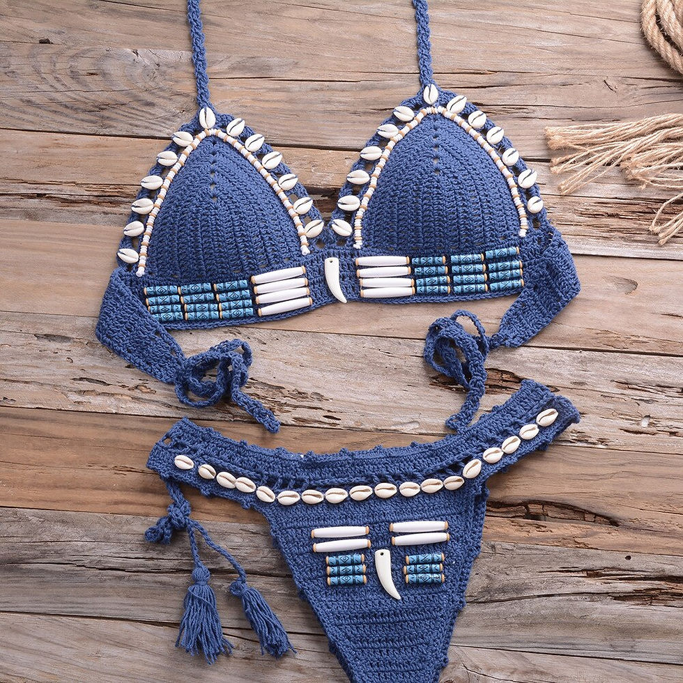 Thumbnail: Sexy Bikini Crochet shell Set Halter Lace Up Bra Top Thong Swimsuit Beach Lady K