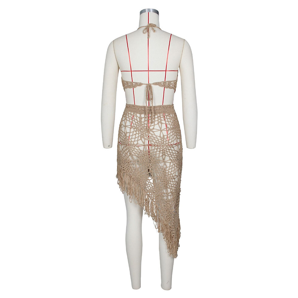Thumbnail: Solid Crochet Bikini Set Hand Made Bra Crop Top Skirt Knitted Tassel Set Swimmin