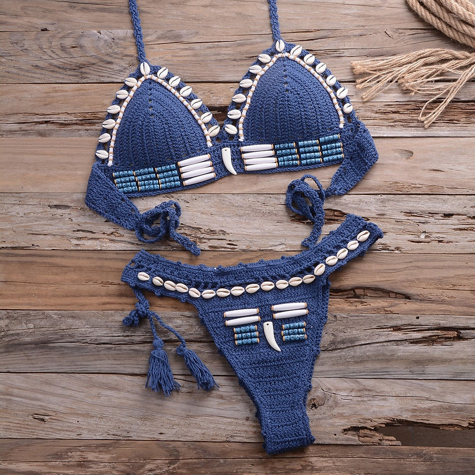 Thumbnail: Sexy Bikini Crochet shell Set Halter Lace Up Bra Top Thong Swimsuit Beach Lady K