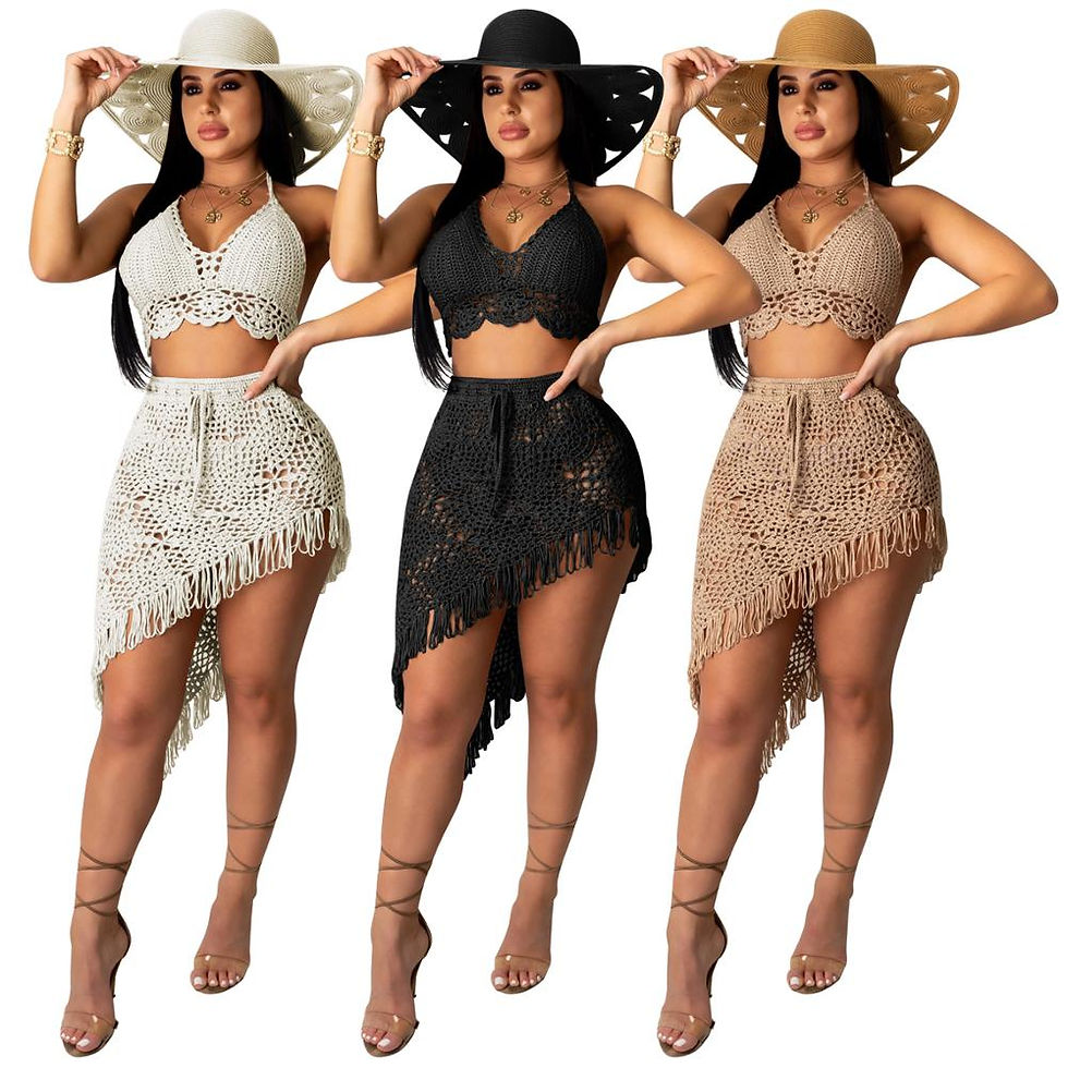 Thumbnail: Solid Crochet Bikini Set Hand Made Bra Crop Top Skirt Knitted Tassel Set Swimmin