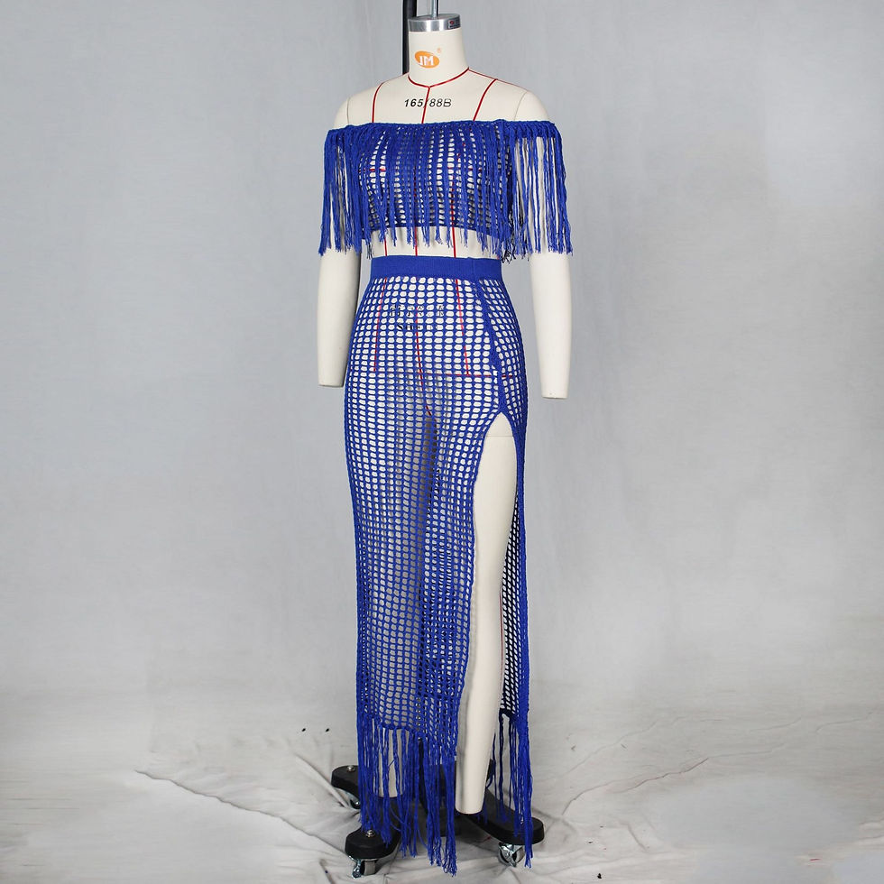 Thumbnail: Solid Crochet Beach Swimsuit Off Shoulder Tassel Crop Top Hollow Out Side Split 