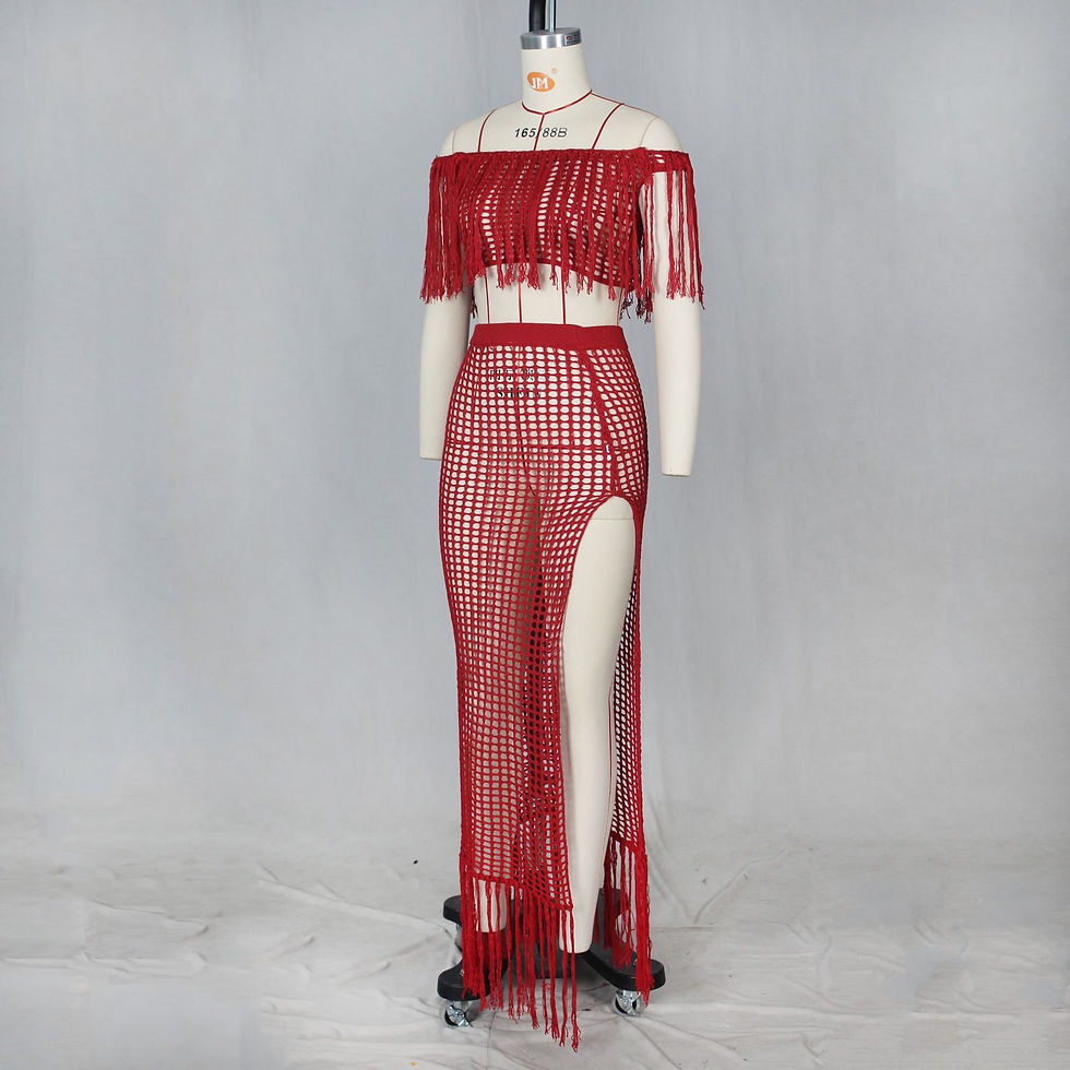Thumbnail: Solid Crochet Beach Swimsuit Off Shoulder Tassel Crop Top Hollow Out Side Split 